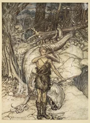 "Horká krev hoří jako oheň!", ilustrace z filmu "Siegfried a soumrak bohů", 1924